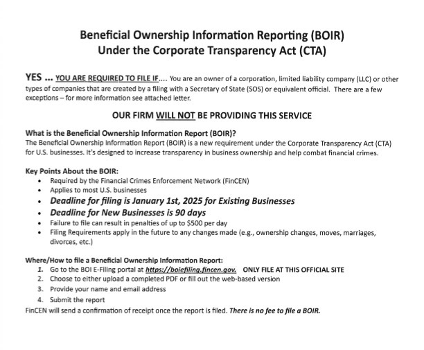 ALERT:  Beneficial Ownership Information Reporting (BOIR)